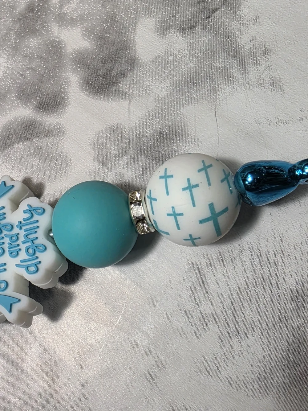 Handmade Turquoise Cross Bead Keychain with White Tassel
